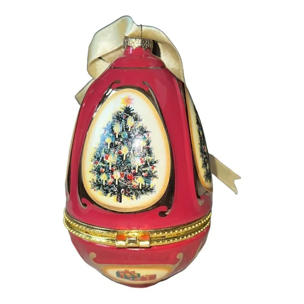 Valerie Parr Hill Christmas Egg Music Trinket Box Ornament Red Tree EUC